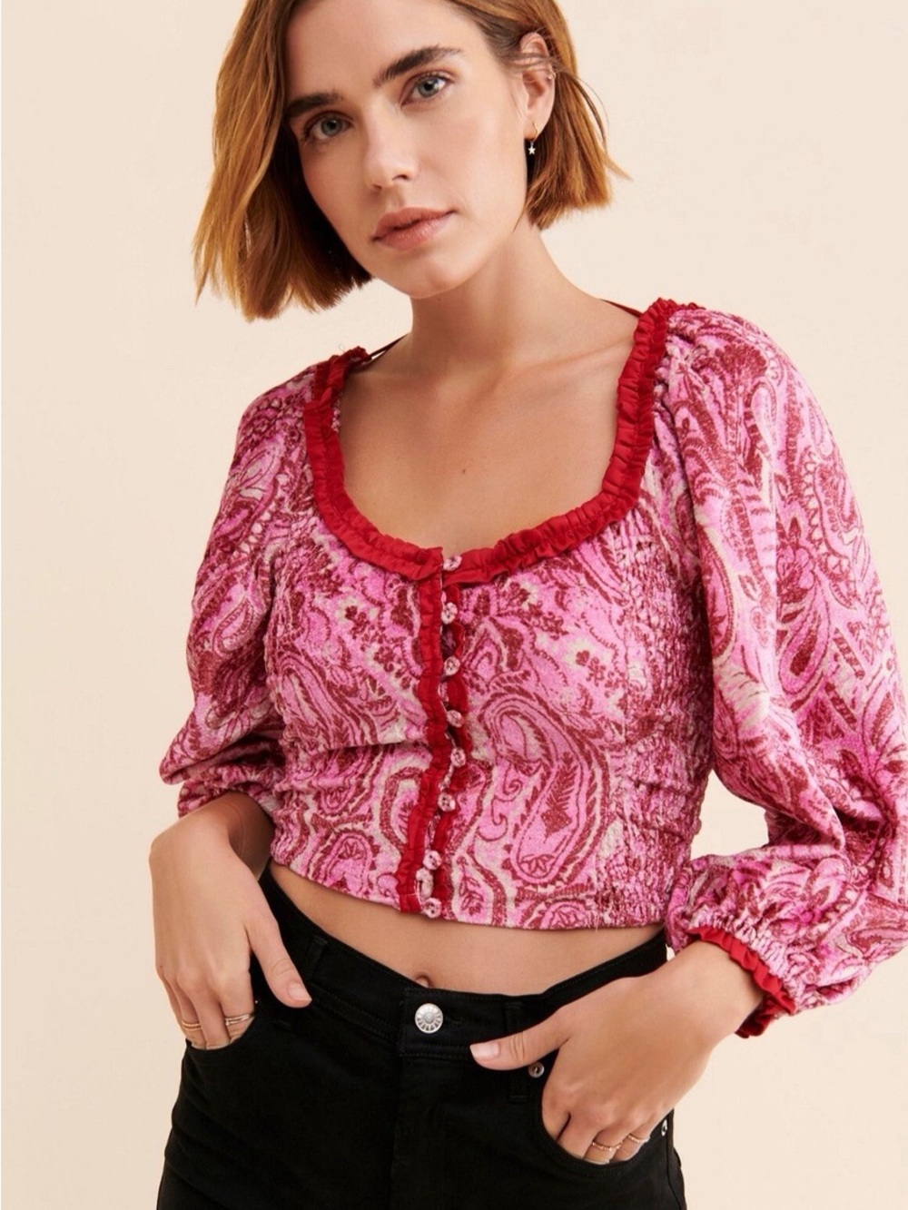 NWT Free People Dare Me Velvet Long Sleeve Crop Top